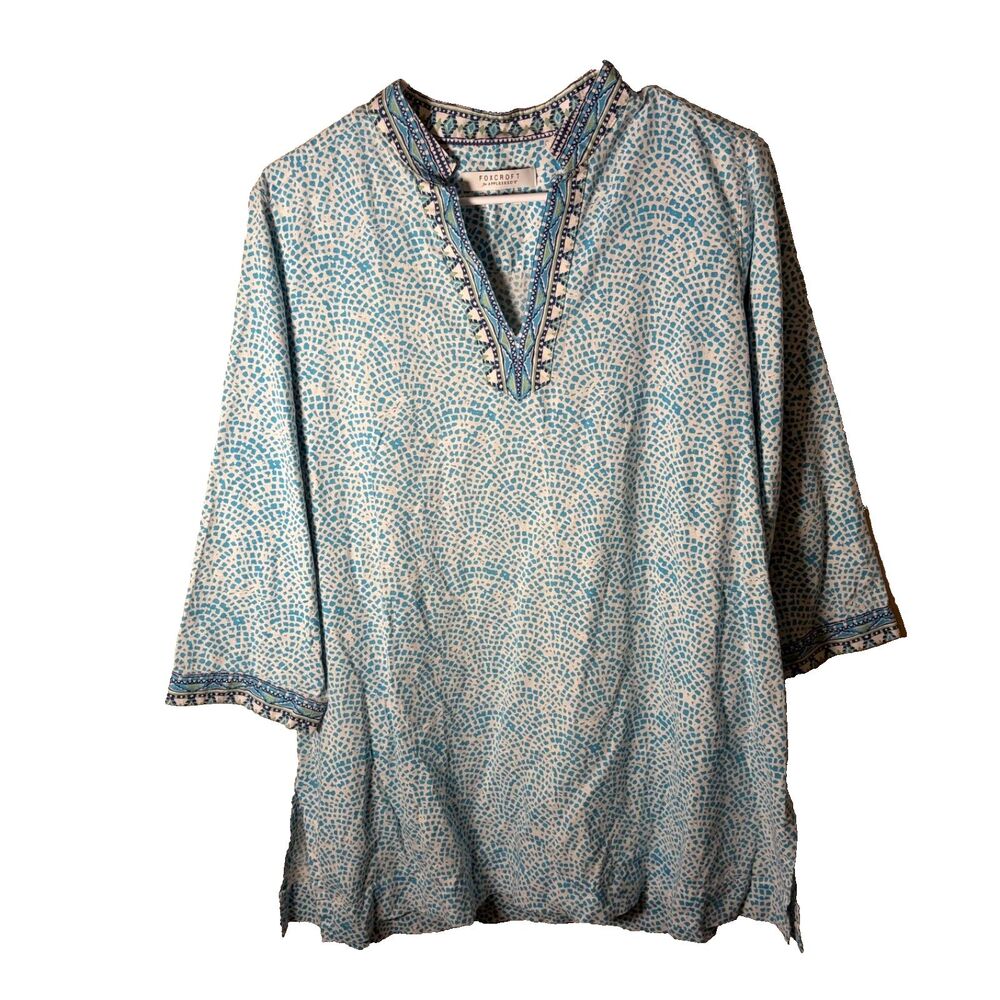 Foxcroft for Appleseed's Blouse Women's XL Blue Cotton 3/4 Sleeve Tunic Top